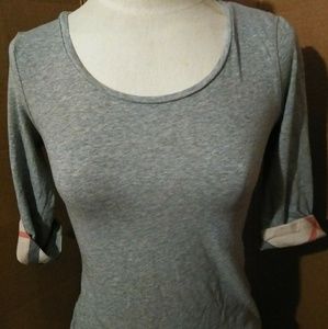 Burberry 3/4 Sleeve Check Cuff Scoop Tee